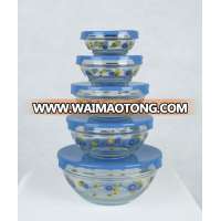 Very cheap 5pcs glass bowl/glass soup bowl/transparent glass bowl set with plastic cover and decal flower!